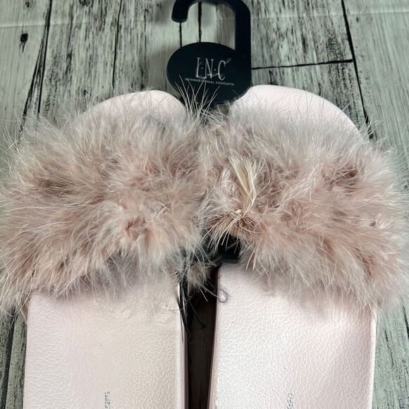 INC International Concept Women's Fur Slippers Slide Open Toe Pink XL 11/12 - Picture 2 of 5